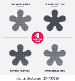 Asterisk round footnote sign icon. Star note symbol for more information. Diagonal and horizontal lines, classic outline, dotted texture. Pattern design icons.  Vector
