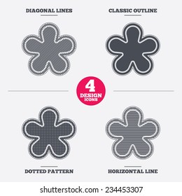 Asterisk round footnote sign icon. Star note symbol for more information. Diagonal and horizontal lines, classic outline, dotted texture. Pattern design icons.  Vector