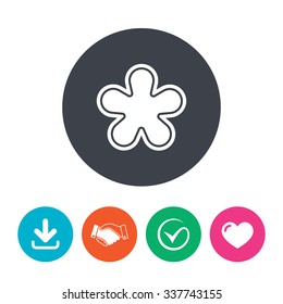 Asterisk round footnote sign icon. Star note symbol for more information. Download arrow, handshake, tick and heart. Flat circle buttons.