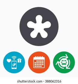Asterisk round footnote sign icon. Star note symbol for more information. Mobile payments, calendar and wifi icons. Bus shuttle.