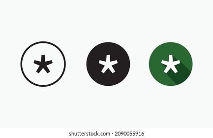 Asterisk Sign Symbol Icon in Circle of 3 Types : White Outline, Black Glyph and Green Color with Shadow, Isolated on White Background, Vector Image Template