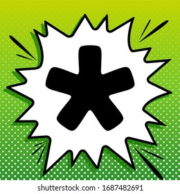 Asterisk star sign. Black Icon on white popart Splash at green background with white spots. Illustration.