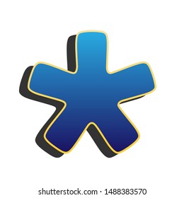 Asterisk star sign. Blue icon with gold contour with dark gray shadow at white background. Illustration.