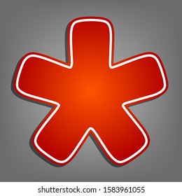 Asterisk star sign. Flat red icon with linear white icon with gray shadow at grayish background. Illustration.