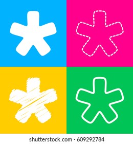 Asterisk star sign. Four styles of icon on four color squares.