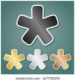 Asterisk star sign. Set of metallic Icons with gray, gold, silver and bronze gradient with white contour and shadow at viridan background. Illustration.