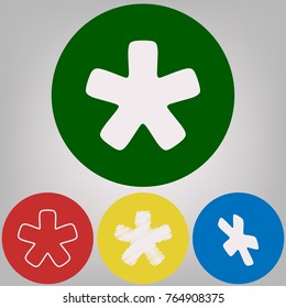 Asterisk star sign. Vector. 4 white styles of icon at 4 colored circles on light gray background.