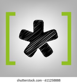 Asterisk star sign. Vector. Black scribble icon in citron brackets on grayish background.