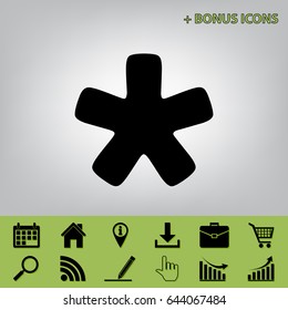 Asterisk star sign. Vector. Black icon at gray background with bonus icons at celery ones
