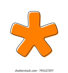 Asterisk star sign. Vector. Black line icon with shifted flat orange filled icon on white background. Isolated.