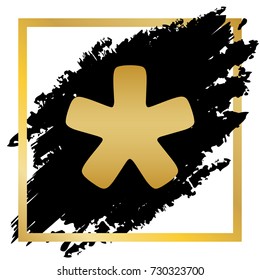 Asterisk star sign. Vector. Golden icon at black spot inside golden frame on white background.