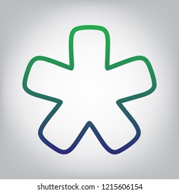 Asterisk star sign. Vector. Green to blue gradient contour icon at grayish background with light in center.