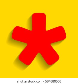 Asterisk star sign. Vector. Red icon with soft shadow on golden background.