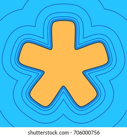 Asterisk star sign. Vector. Sand color icon with black contour and equidistant blue contours like field at sky blue background. Like waves on map - island in ocean or sea.