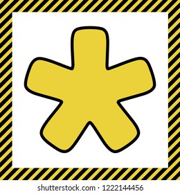 Asterisk star sign. Vector. Warm yellow icon with black contour in frame named as under construction at white background. Isolated.