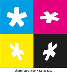 Asterisk star sign. Vector. White icon with isometric projections on cyan, magenta, yellow and black backgrounds.