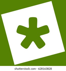 Asterisk star sign. Vector. White icon obtained as a result of subtraction rotated square and path. Avocado background.