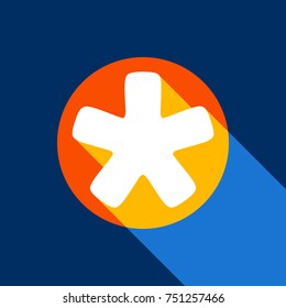 Asterisk star sign. Vector. White icon on tangelo circle with infinite shadow of light at cool black background. Selective yellow and bright navy blue are produced.