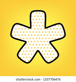 Asterisk star sign. Vector. Yellow polka dot white icon with black contour at warm yellow background.