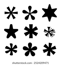 Símbolos de asterisco definidos. Nove formas diferentes. Estilos ousados e divertidos. Ilustração vetorial.