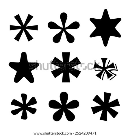 Asterisk symbols set. Nine different shapes. Bold and playful styles. Vector illustration.