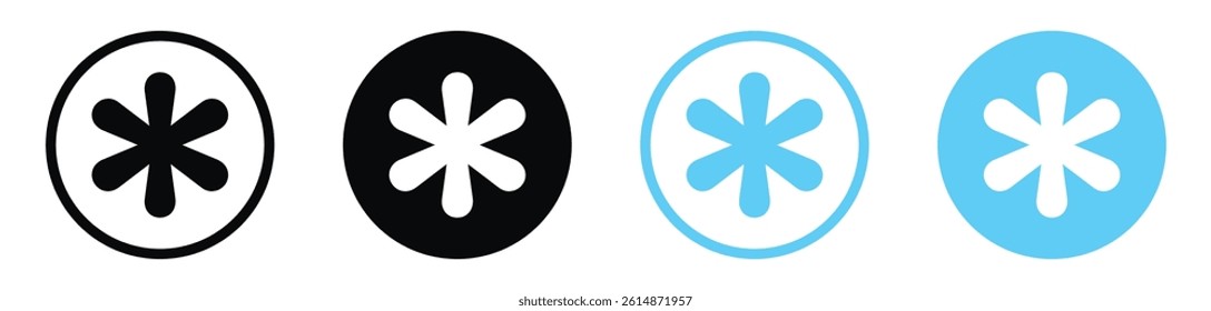 Asterisk vector icons in black and blue colors