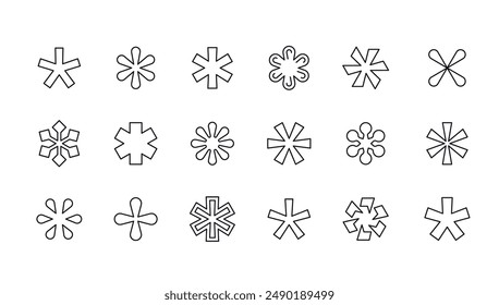 asterisks line icons, geometric abstract shapes on white, vector design