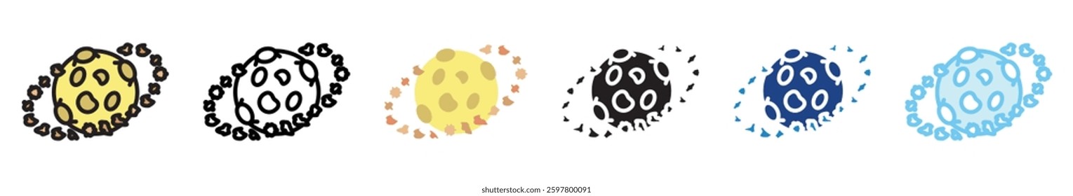 Asteroid Belt multi style, mini illustration icon set. outline, flat, glyph, line color, UI, UX, app and web, digital or print. vector EPS 10 related to education, technology, space and galaxy.