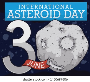 Asteroid belt scene with reminder date to celebrate International Asteroid Day this 30th June, with a close up view of a planetoid with craters and ribbon.