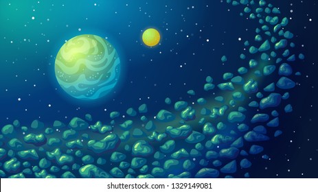 Asteroid Belt In Space. Cosmic Cartoon Background.