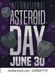 Asteroid belt view with some planetoids with craters, wandering in the outer space in the celebration of International Asteroid Day in June 30.
