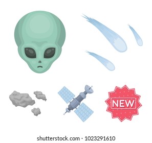 Asteroid, car, meteorite, space ship, station with solar batteries, the face of an alien. Space set collection icons in cartoon style vector symbol stock illustration web.
