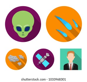 Asteroid, car, meteorite, space ship, station with solar batteries, the face of an alien. Space set collection icons in flat style vector symbol stock illustration web.