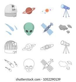 Asteroid, car, meteorite, space ship, station with solar batteries, the face of an alien. Space set collection icons in cartoon,outline style vector symbol stock illustration web.