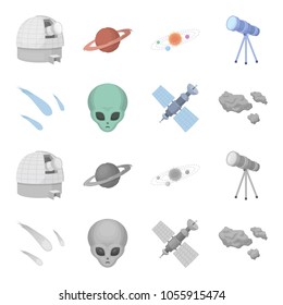 Asteroid, car, meteorite, space ship, station with solar batteries, the face of an alien. Space set collection icons in cartoon,monochrome style vector symbol stock illustration web.