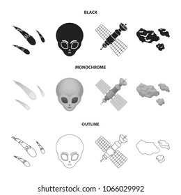 Asteroid, car, meteorite, space ship, station with solar batteries, the face of an alien. Space set collection icons in black,monochrome,outline style vector symbol stock illustration web.