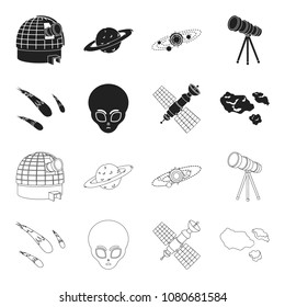 Asteroid, car, meteorite, space ship, station with solar batteries, the face of an alien. Space set collection icons in black,outline style vector symbol stock illustration web.