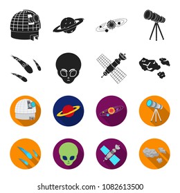 Asteroid, car, meteorite, space ship, station with solar batteries, the face of an alien. Space set collection icons in black,flet style vector symbol stock illustration web.