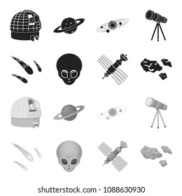 Asteroid, car, meteorite, space ship, station with solar batteries, the face of an alien. Space set collection icons in black,monochrome style vector symbol stock illustration web.