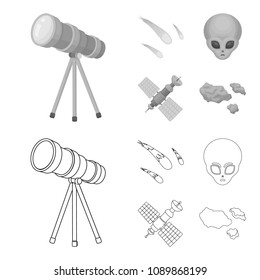 Asteroid, car, meteorite, space ship, station with solar batteries, the face of an alien. Space set collection icons in outline,monochrome style vector symbol stock illustration web.