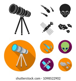 Asteroid, car, meteorite, space ship, station with solar batteries, the face of an alien. Space set collection icons in black, flat style vector symbol stock illustration web.