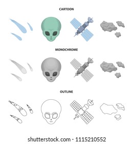 Asteroid, car, meteorite, space ship, station with solar batteries, the face of an alien. Space set collection icons in cartoon,outline,monochrome style vector symbol stock illustration web.
