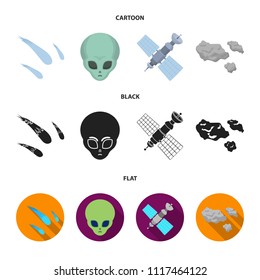Asteroid, car, meteorite, space ship, station with solar batteries, the face of an alien. Space set collection icons in cartoon,black,flat style vector symbol stock illustration web.