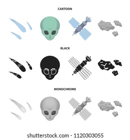 Asteroid, car, meteorite, space ship, station with solar batteries, the face of an alien. Space set collection icons in cartoon,black,monochrome style vector symbol stock illustration web.