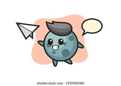 Asteroid cartoon character throwing paper airplane
