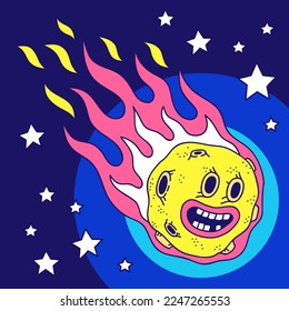 Asteroid character flying - y2k style. Cartoon asteroid in the space. Vector illustration.