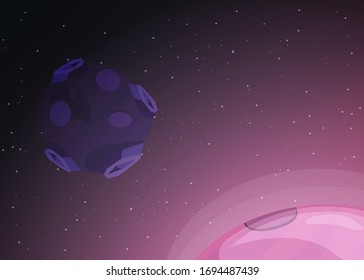 Asteroid with craters in empty space near pink planet. Vector illustration in cartoon style