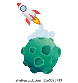 asteroid with craters and rocket flying