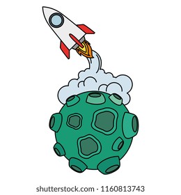 asteroid with craters and rocket flying