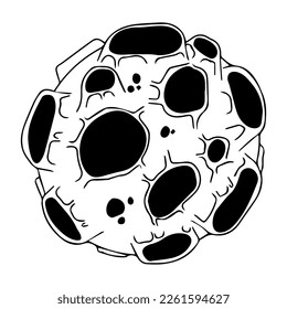 Asteroid with craters. Space object. Planet, meteorite, Moon. Exploration of open space. Vector black and white illustration on a white background.